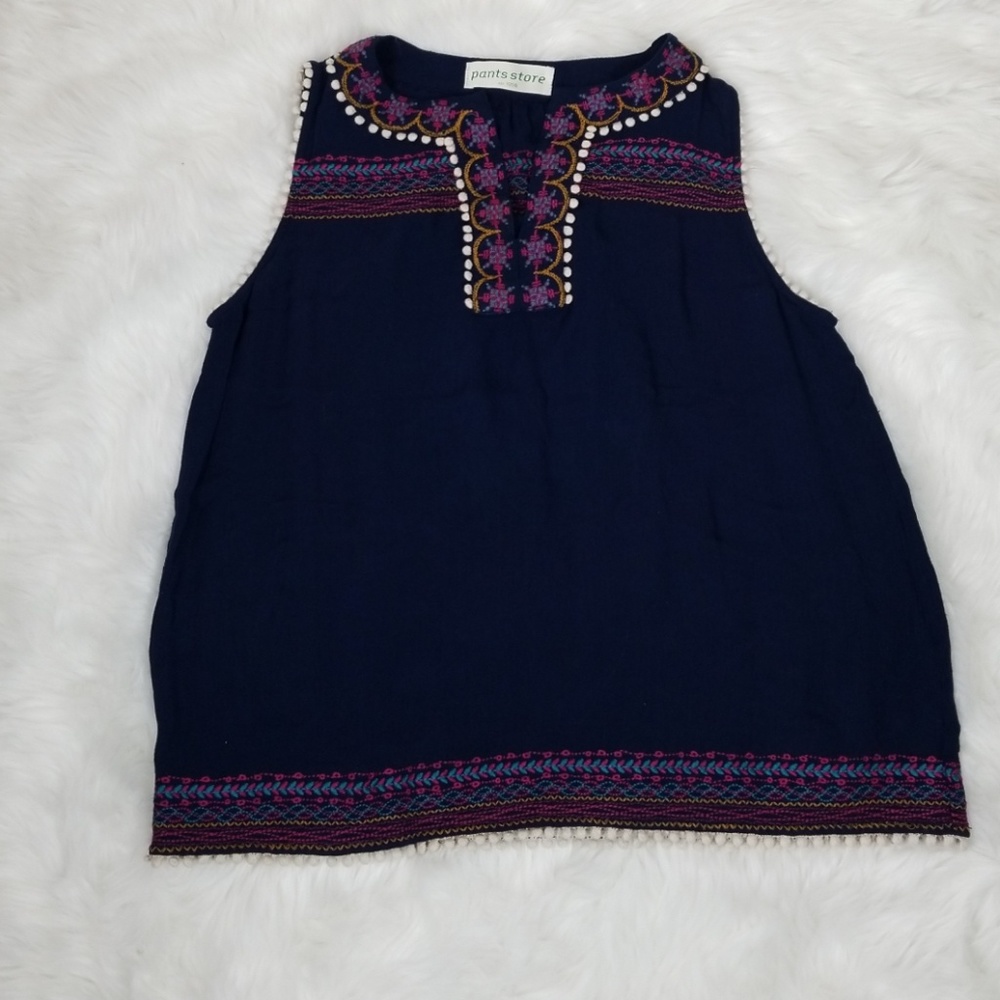 Pants Store  Embroidered Navy Sleeveless Top